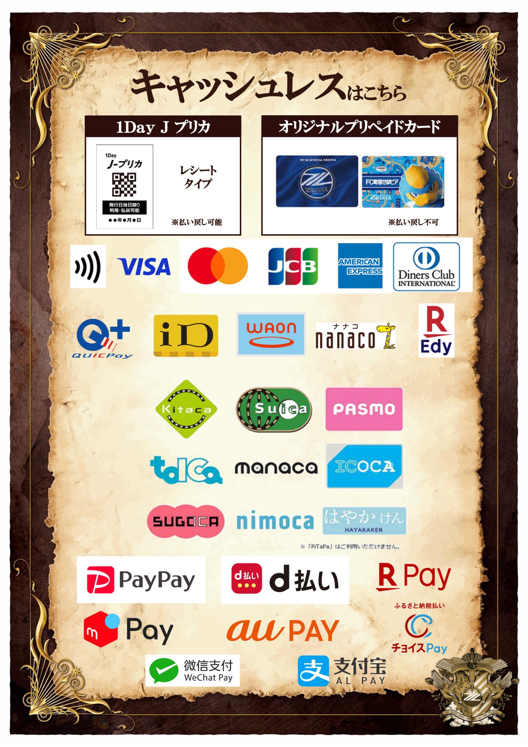 町田GIONスタジアムでご利用いただけるキャッシュレス決済の一覧